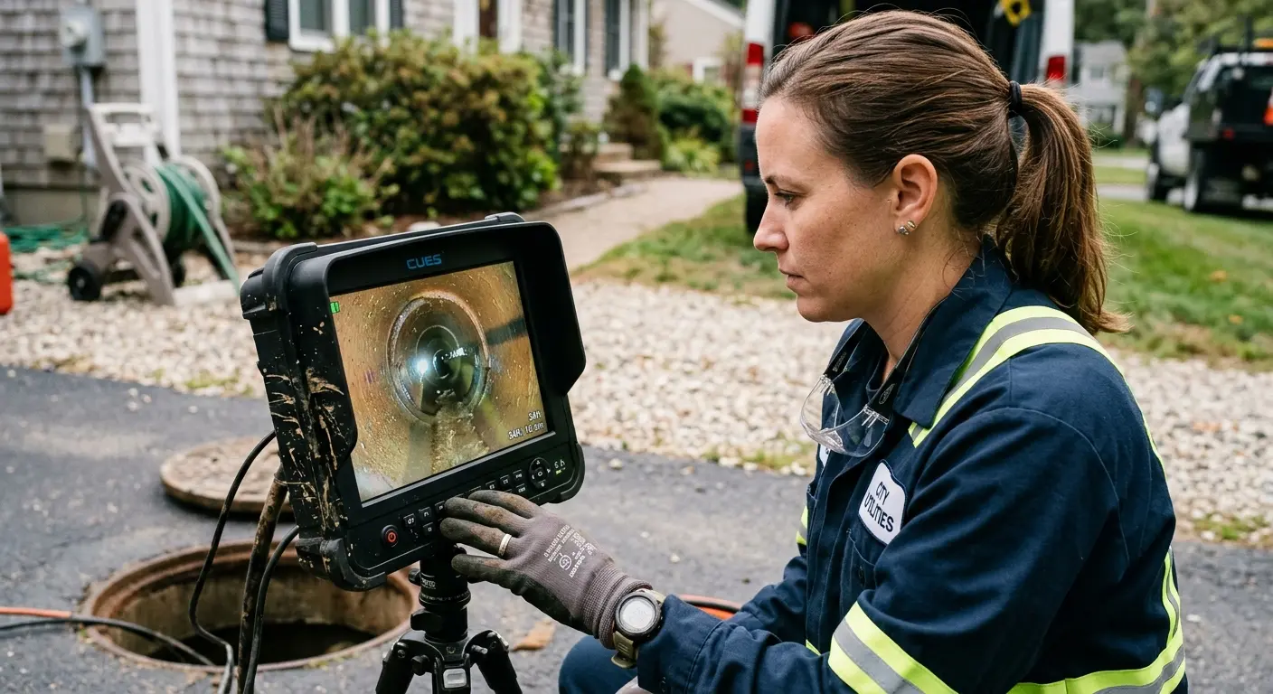 Technician reviewing sewer camera inspection footage in Sheridan